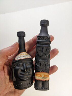 2 Vtg Tiki Bar Inca Pisco mini black Liqueur Bottles w/ labels Lima Peru EMPTY
